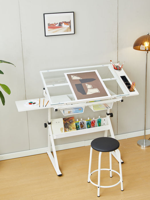 Adjustable Tempered Glass Drafting Printing Table With Chair Home Essentials