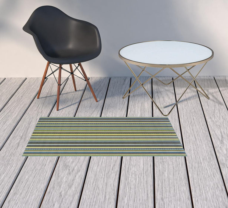 2' X 4' Striped Stain Resistant Indoor / Outdoor Area Rug - Blue / Green