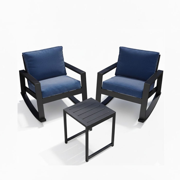 Outdoor Rocking Bistro Set Of 3, Oversized Rocking Chairs With Cushions And Side Table - Black / Blue