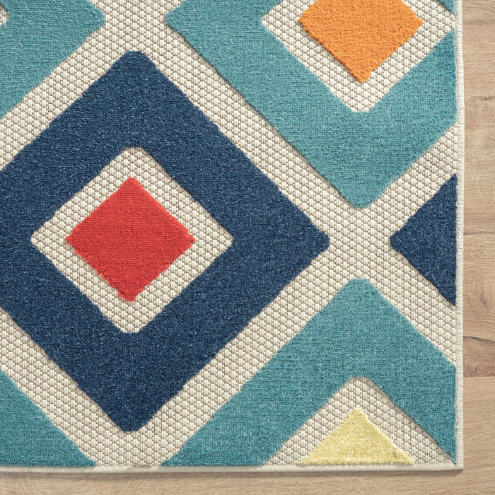 5' X 8' Geometric Stain Resistant Area Rug Indoor & Outdoor - Blue / Ivory