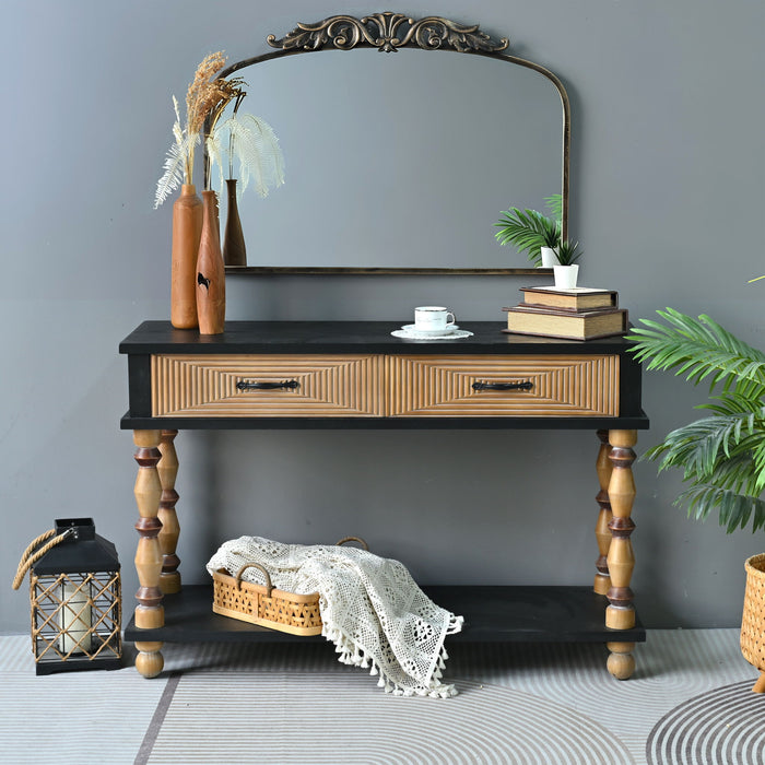Accent Carved Console Table With Open Shelf And 2 Drawers Living Room - Black / Natural Wood Wash Home Essentials
