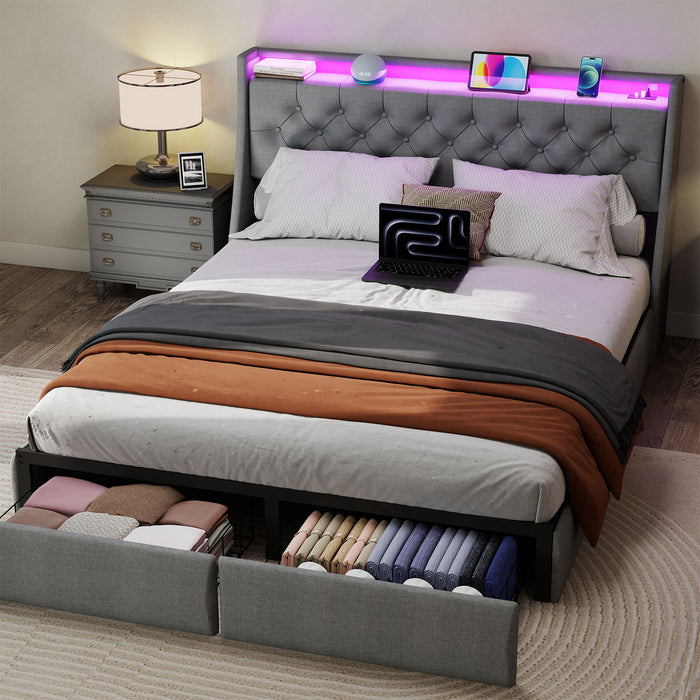 Floating Bed Frame With Rgb LED Light, 2 Storage Drawers & Headboard Shelf Home Essentials
