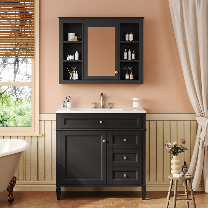 Bathroom Vanity With Top Sink, Storage Cabinet With Mirror, 2 Doors, 3 Drawers, 6 Open Shelves