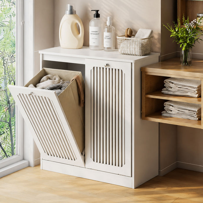 Louvered Flip Top Laundry Cabinet With Dual Fabric Baskets - White Home Essentials