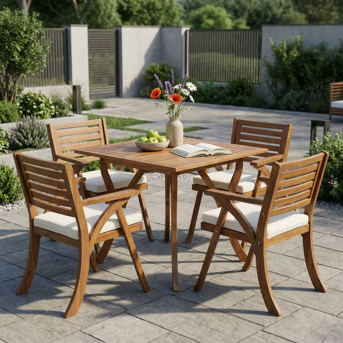 Outdoor Hermosa 5 Piece Wood Dining Set With Cushions - Teak / Beige Noble House