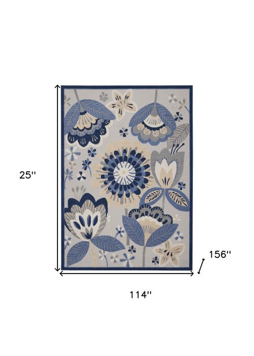 10' X 13' Floral Non Skid Indoor / Outdoor Area Rug - Blue / Gray