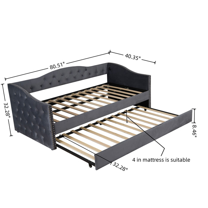 Twin Size Upholstered Daybed With Trundle And USB Charging Design For Bedroom - Gray Home Essentials