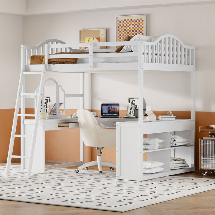Full Loft Bed With U Shaped Desk, Storage Compartments And Tri Fold Mirror - White