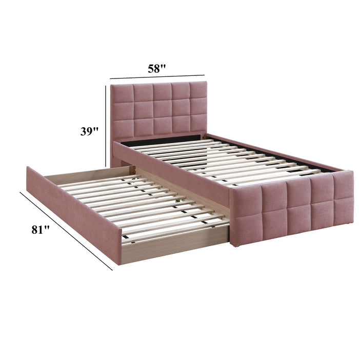 Contemporary Style Bed With Trundle Upholstered Headboard And Footboard Grid Pattern Home Essentials
