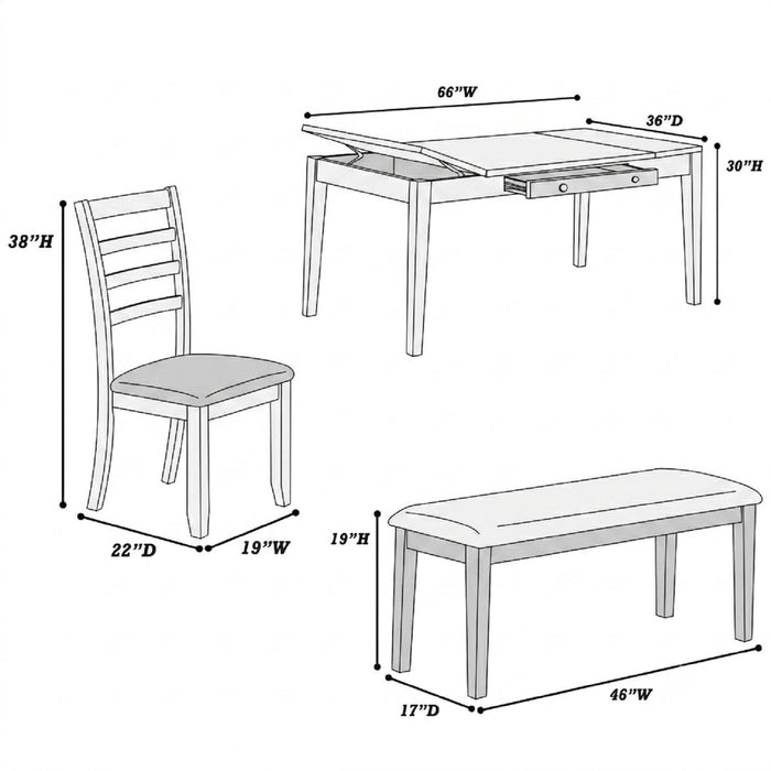 6 Piece Dining Set Table With Storage Ladder Back Chairs And Bench - Walnut Home Essentials