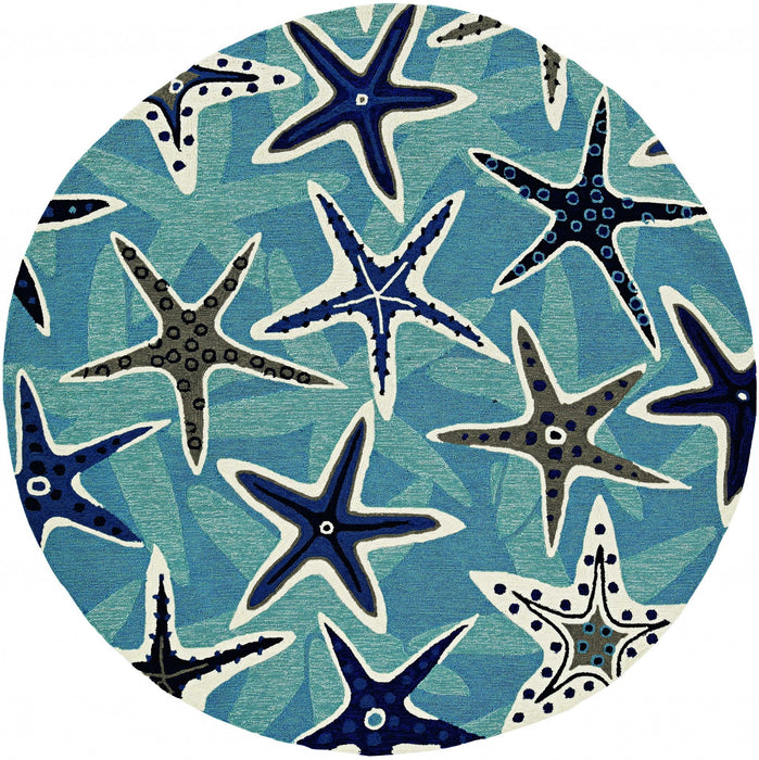 8' Hand Woven UV Treated Coastal Starfish Round Indoor / Outdoor Area Rug - Blue