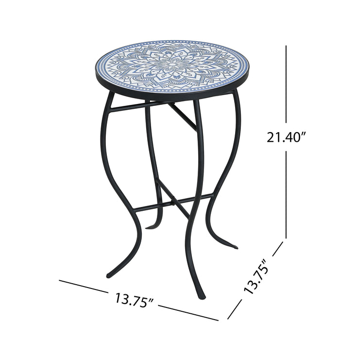 Outdoor Round Side Table With Mosaic Style Top And Curved Iron Legs Noble House