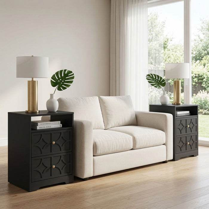 Nightstand With Diamond Carvings Handles, 2 Drawers & Charging Station Home Essentials