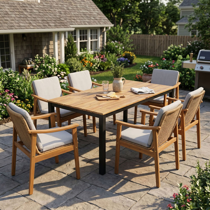7 Piece Outdoor Patio Dining Set With & 6 Arm Chairs Noble House