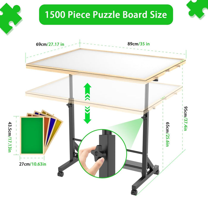 360 Degree Tilting Wooden Puzzle Table With 1500 Pieces, Rolling Design With Adjustable Height, Drawer, And Protective Cover - Black / Natural Wood Home Essentials