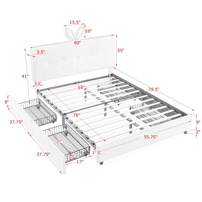 Upholstered Bed With Oversized Rabbit Ear Headboard, LED Lights & 4 Storage Drawers Home Essentials