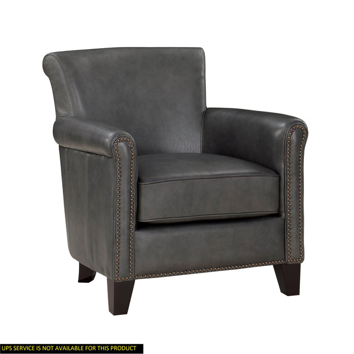 Classic Traditional Gray Accent Chair 1 Piece Solid Wood Frame Top - Grain Leather Nailhead Trim Living Room Furniture