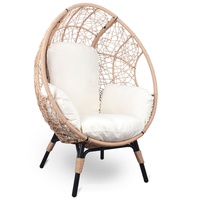 3 Pieces Patio Egg Chairs (Model 3) With Side Table Set, Natural Color PE Rattan And Beige Cushion
