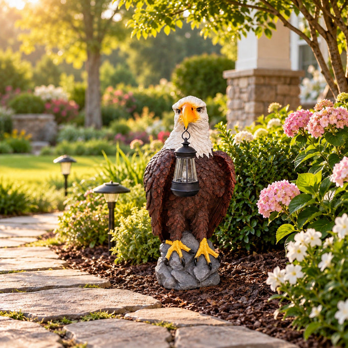 Solar Powered Bald Eagle Statue With Lantern, Outdoor Garden Decor - Black Brown Daily Nest