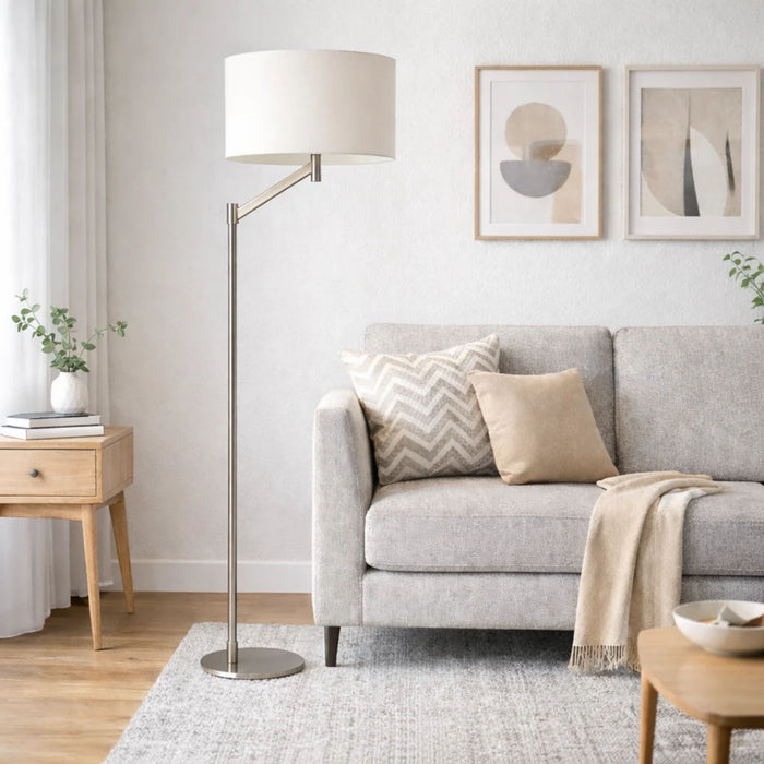 Serene - Floor Lamp With Rotary Switch Base Linen Shade - Brushed Nickel / White Ashcroft Furniture