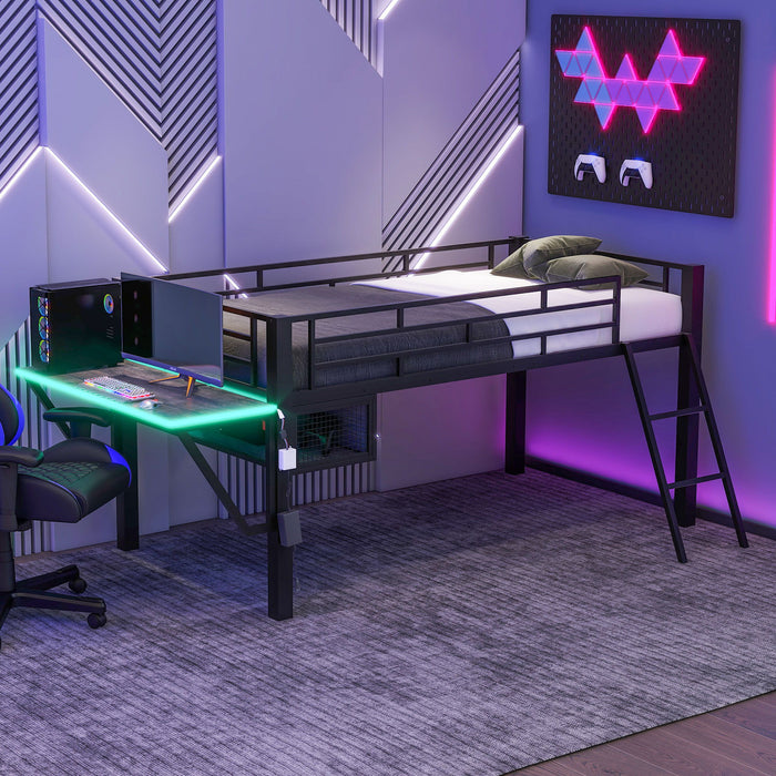Gaming - Twin Loft Bed With Desk And LED - Black Dreamland