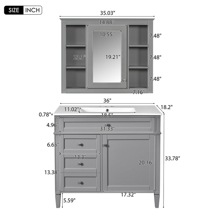 Bathroom Vanity With Mirror Cabinet, Single Sink With 2 Soft Closing Doors And 4 Drawers