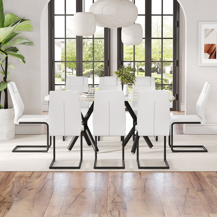 1 Table, 8 Chairs Set, A Rectangular Dining Table With A 0.39" Imitation Marble Tabletop And Black Metal Legs, Paired With 8 Chairs With PU Leather Seat Cushion And Black Metal Legs