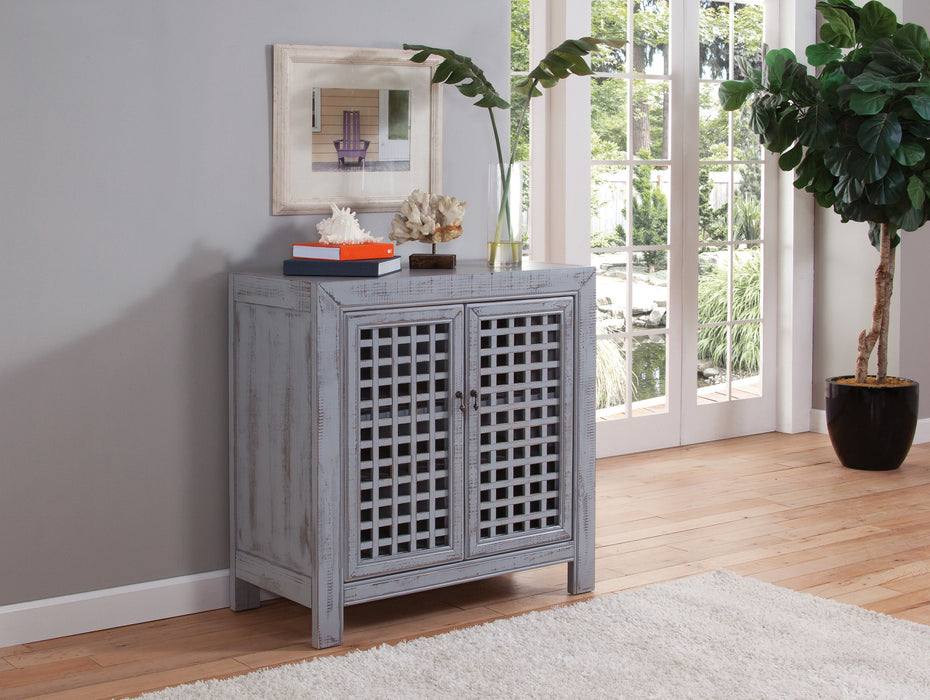 Farmhouse Inspired Accent CabineT-Lattice Work Front, Distressed Gray Finish