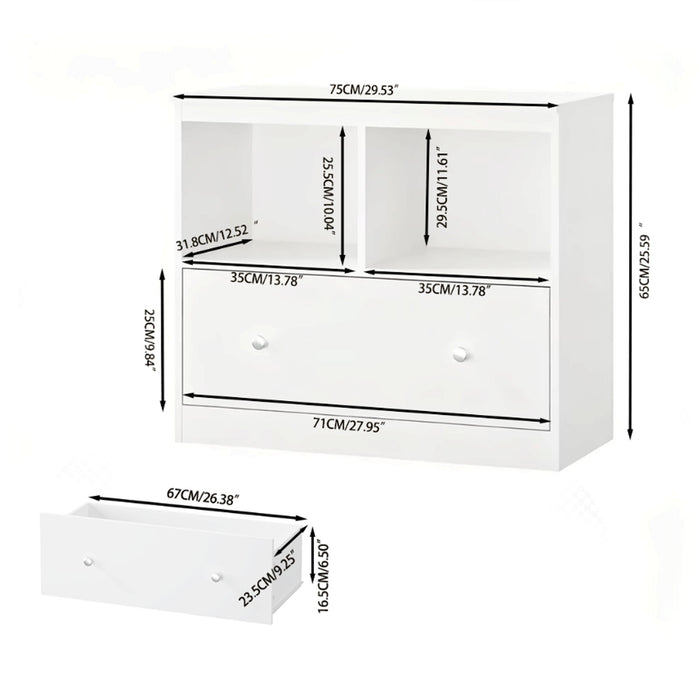 Toy Storage Organizer With Large Drawer And Low Bookshelf For Nursery & Playroom - White