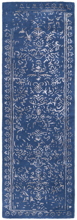 Floral Tufted Handmade Distressed Runner Rug - Blue And Silver Wool - 8'