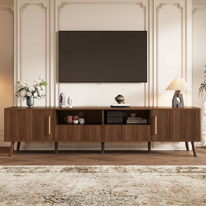 78" TV Stand For 85" TVs With Fluted Doors, Open Shelf, Cable Management - Walnut Hearth and Haven