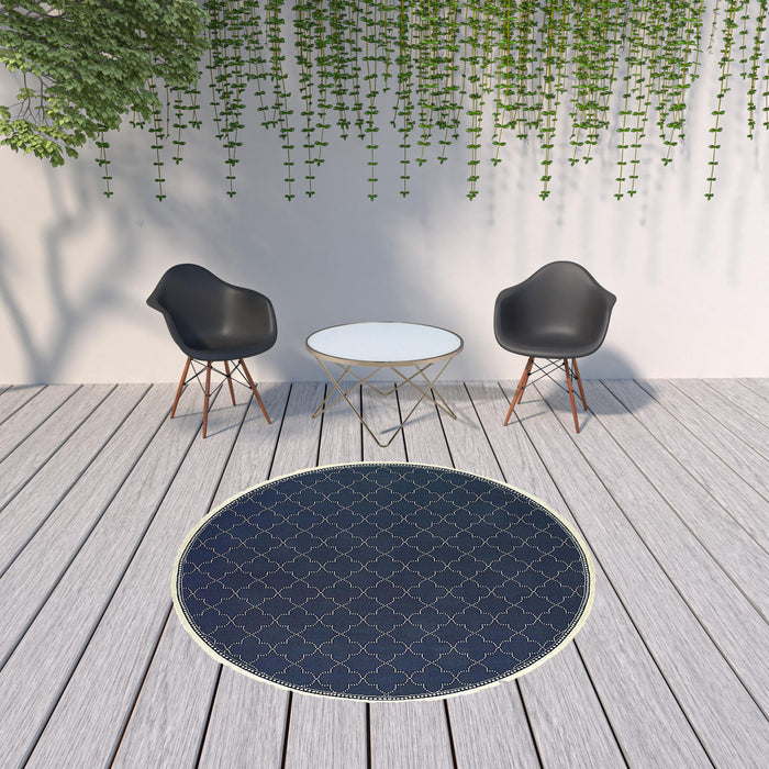 8' X 8' Round Geometric Stain Resistant Indoor & Outdoor Area Rug - Ivory / Blue