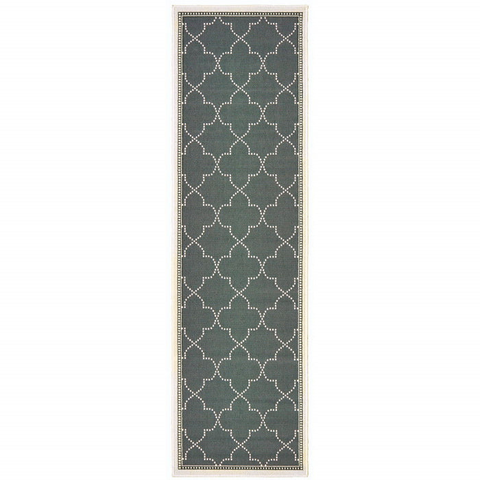 2' X 8' Geometric Stain Resistant Indoor & Outdoor Area Rug - Gray / Ivory