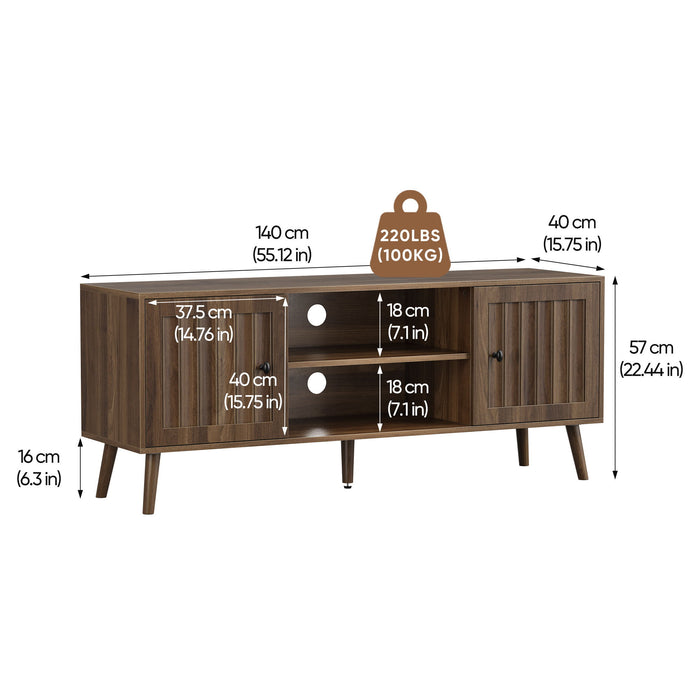 55" TV Cabinet With Vertical Groove Doors, Adjustable Shelves - Walnut Home Essentials
