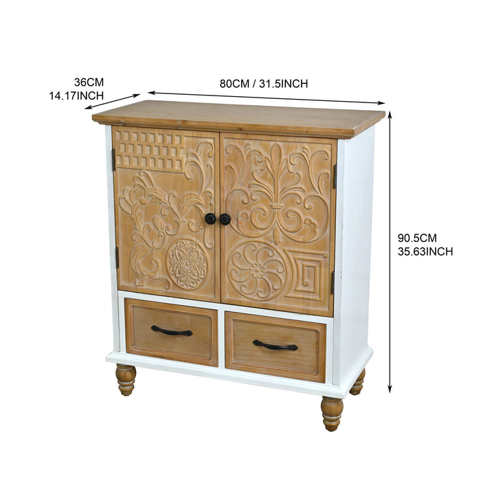 Accent Flower Carved Door Sideboard Cabinet With 2 Drawers For Kitchen - Natural Wood Wash / White Home Essentials