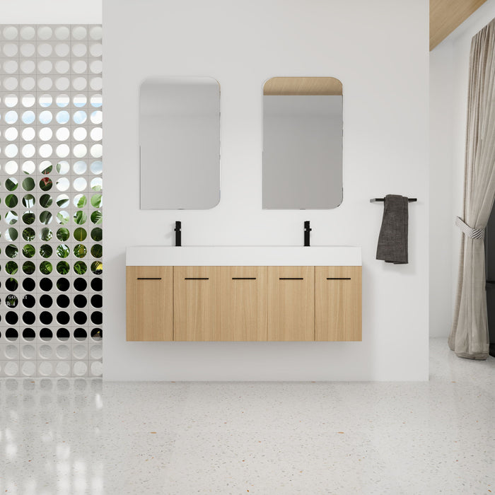 Floating Double Sink Bathroom Vanity With Extra Large Storage, Integrated Sink, Soft Close Doors, Wall Mounted Bath Vanity - Glossy White / Light Oak Home Essentials