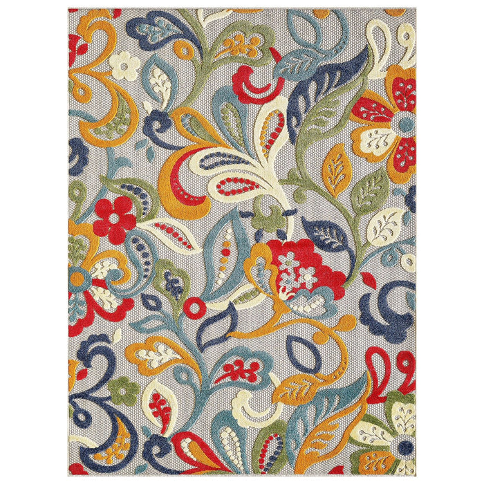 3' X 5' Floral Stain Resistant Indoor / Outdoor Area Rug - Ivory / Blue