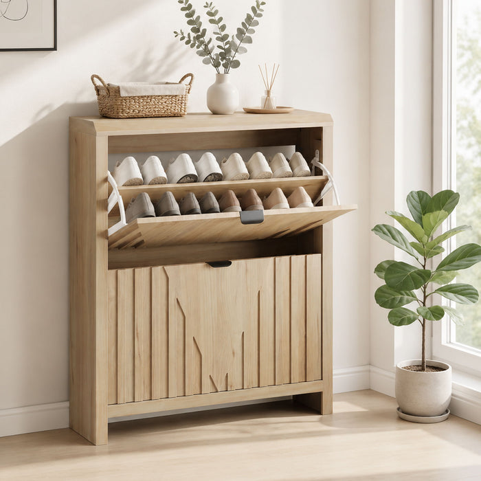 Entryway Shoe Cabinet With Vertical Carved Panels - Oak Home Essentials