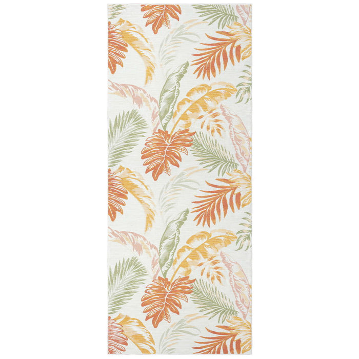 2' X 8' Palm Leaf Stain Resistant Indoor / Outdoor Runner Rug - Ivory Green / Orange