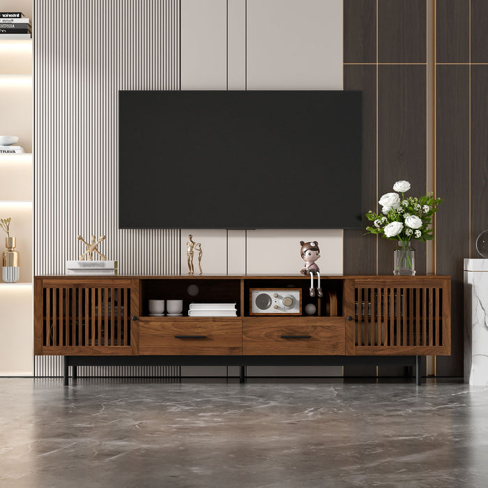 TV Stand, Media Console With 2 Drawers, Soft Closing Slatted Doors, Living Room Entertainment Center - Walnut Hearth and Haven