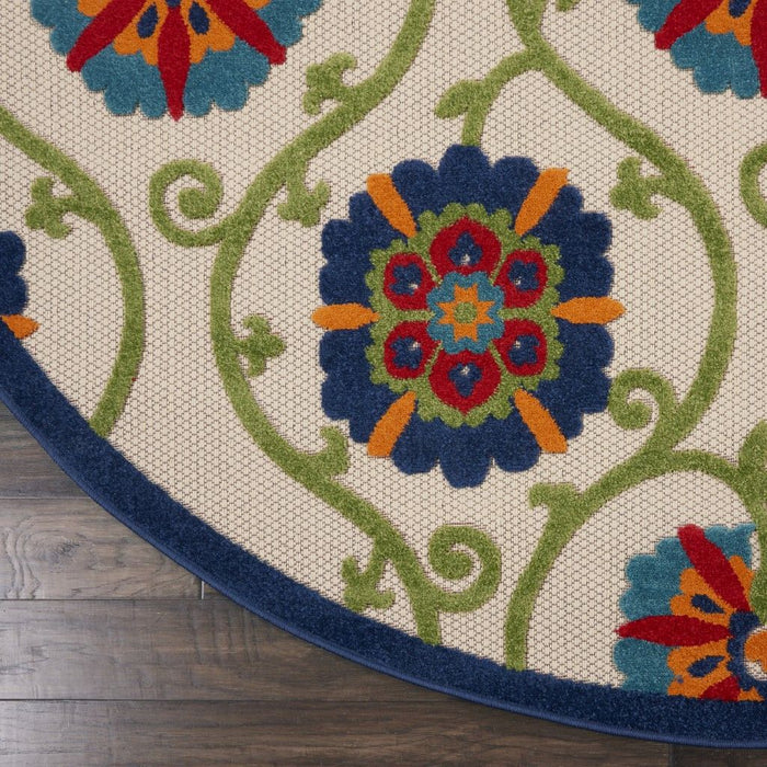 8' Round Round Floral Outdoor / Indoor Area Rug - Ivory / Blue