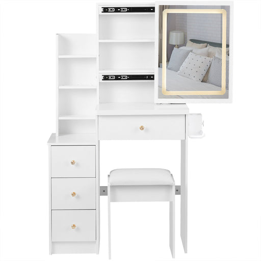 Cabinet Vanity Table & Cushioned Stool, USB Power Station, Hair Dryer Bracket - White Home Essentials