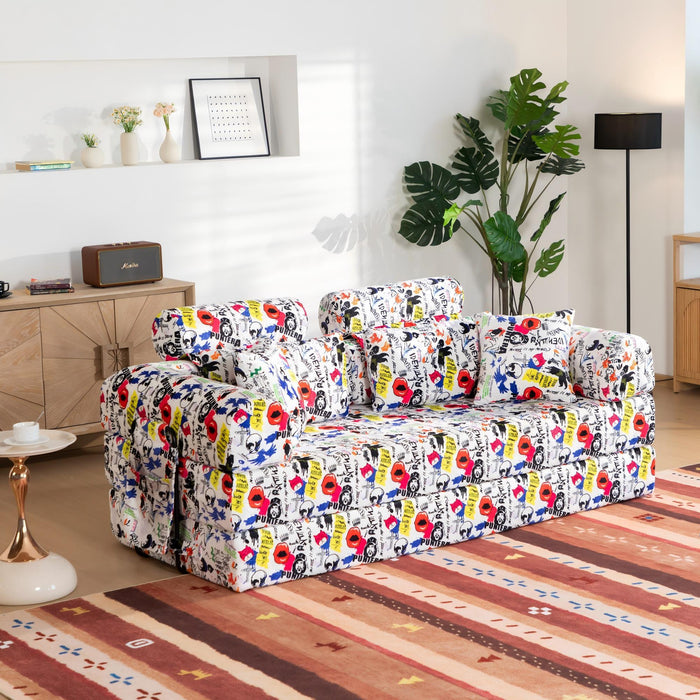 Pop Graffiti Printed Convertible Sleeper Sofa Bed, Foldable Multi Functional Couch For Living Room - White Home Essentials