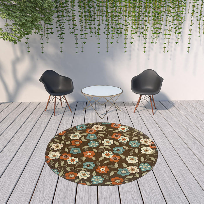 8' X 8' Round Floral Stain Resistant Outdoor / Indoor Area Rug - Brown / Ivory