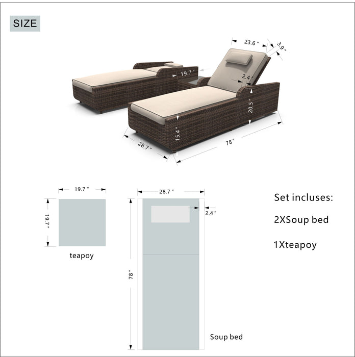 78" x 29" x 35" Indoor Outdoor Chaise Lounge With Beige Cushion (Set of 2) - Brown