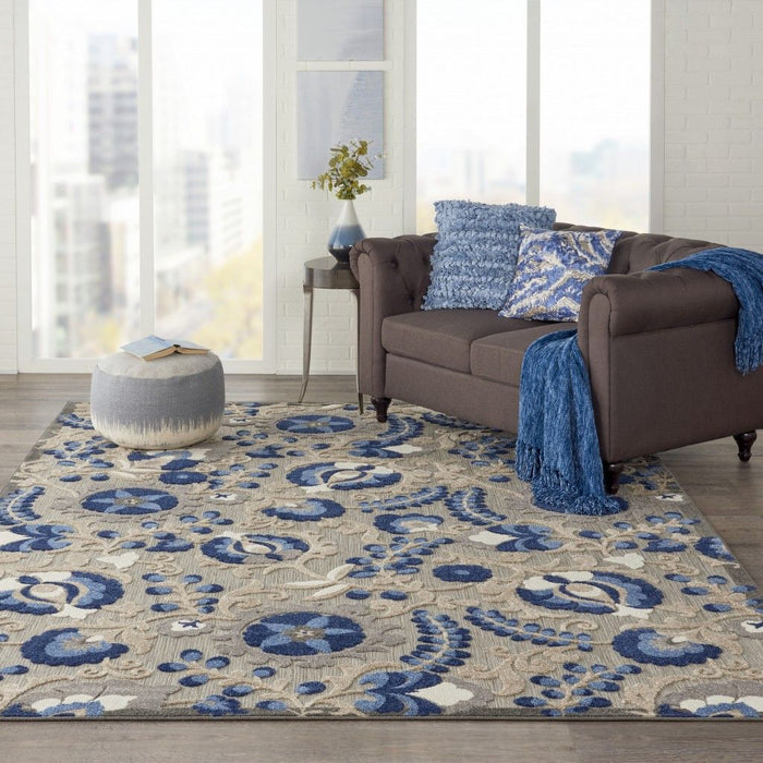 8' X 11' Floral Indoor Outdoor Area Rug - Gray / Blue