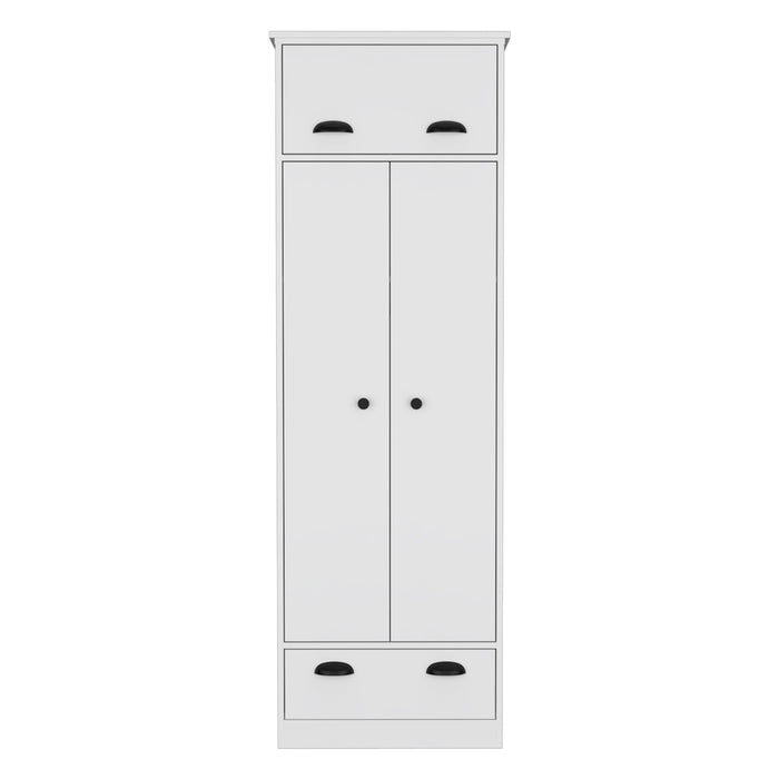 Dresser Closet With Upper Storage Covered With 1 Door, 2 Central Shelves, 1 Tube For Hanging Clothes Covered By 2 Doors, 1 Drawer At The Bottom - White