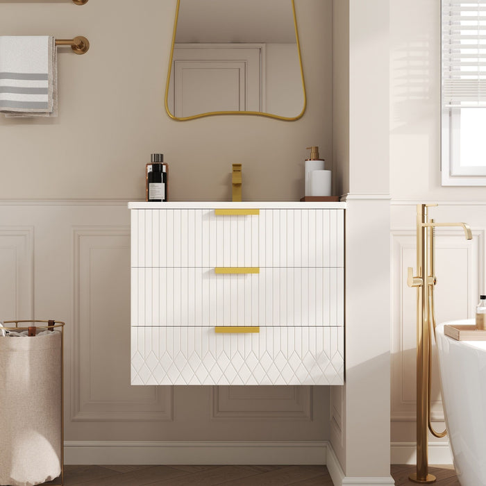 Wall Mounted Floating Cabinet With Double Drawer, Rectangular Sink