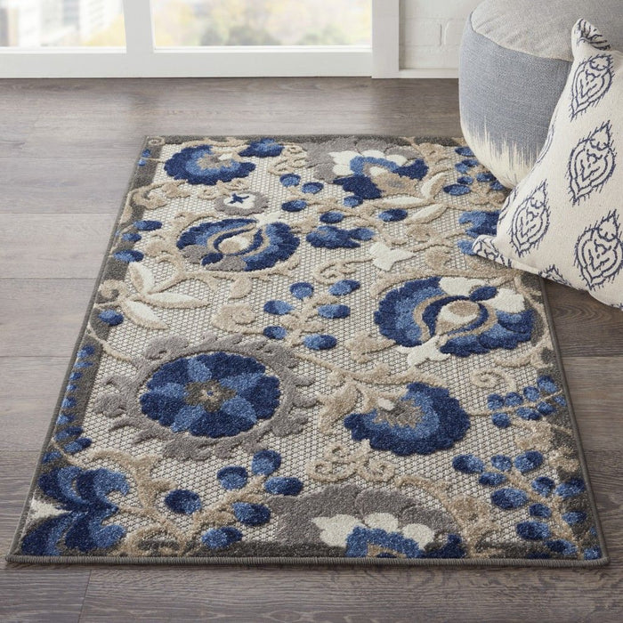 3' X 4' Floral Indoor & Outdoor Area Rug - Gray / Blue