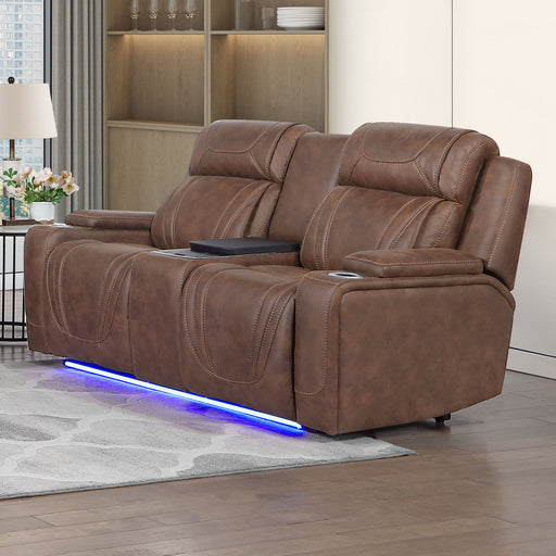 Carrow - Loveseat With Power Headrest, Footrest & Cooler, Massage, Stereo - Brown New Classic
